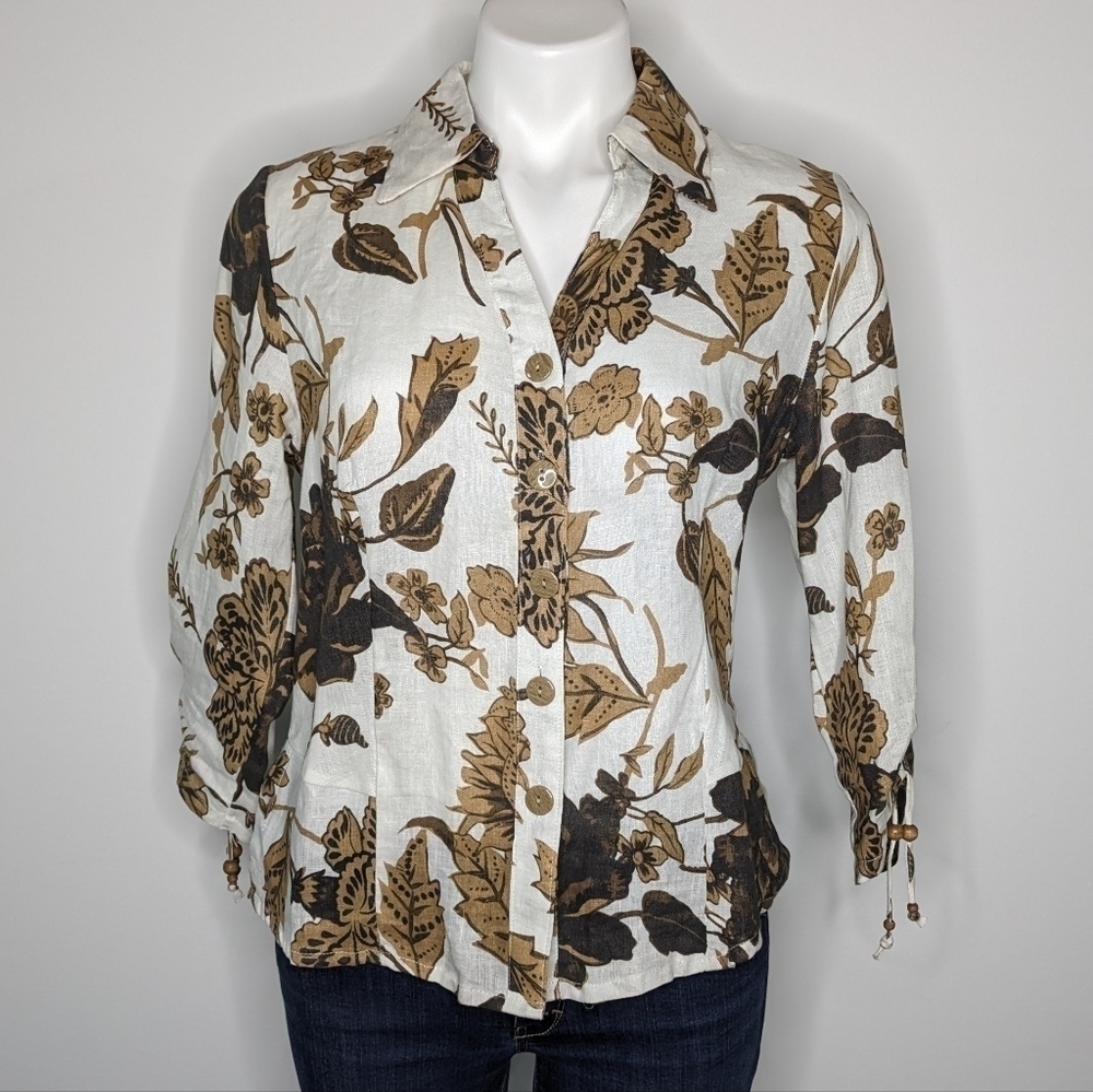 David Brooks white tan floral & foliage linen 3/4 sleeve button up M